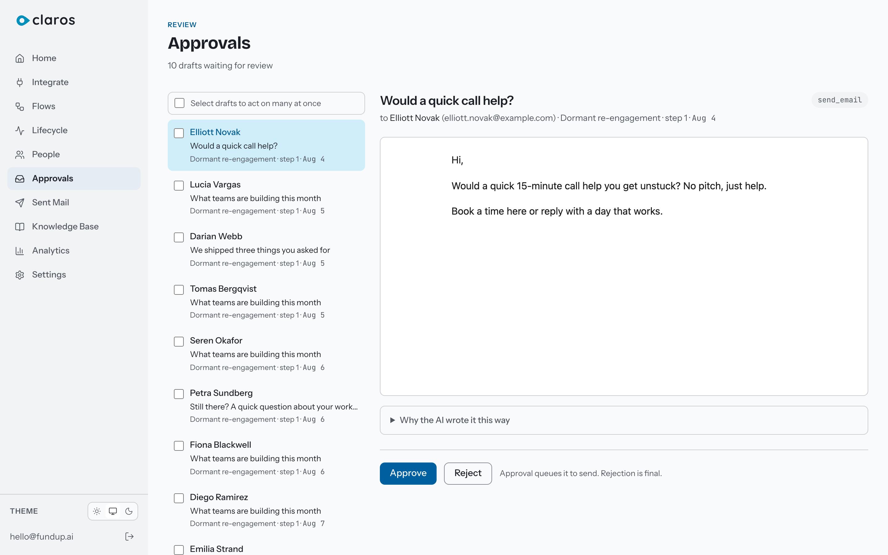 The approvals inbox with a drafted email open for review.